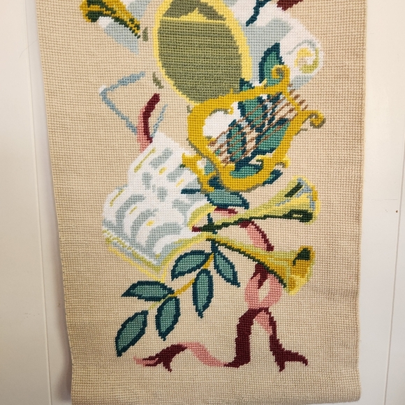 Vintage 70s Crewel Tapestry Music Harp Boho Home Decor Bohemian Wall Hanging - Picture 3 of 9